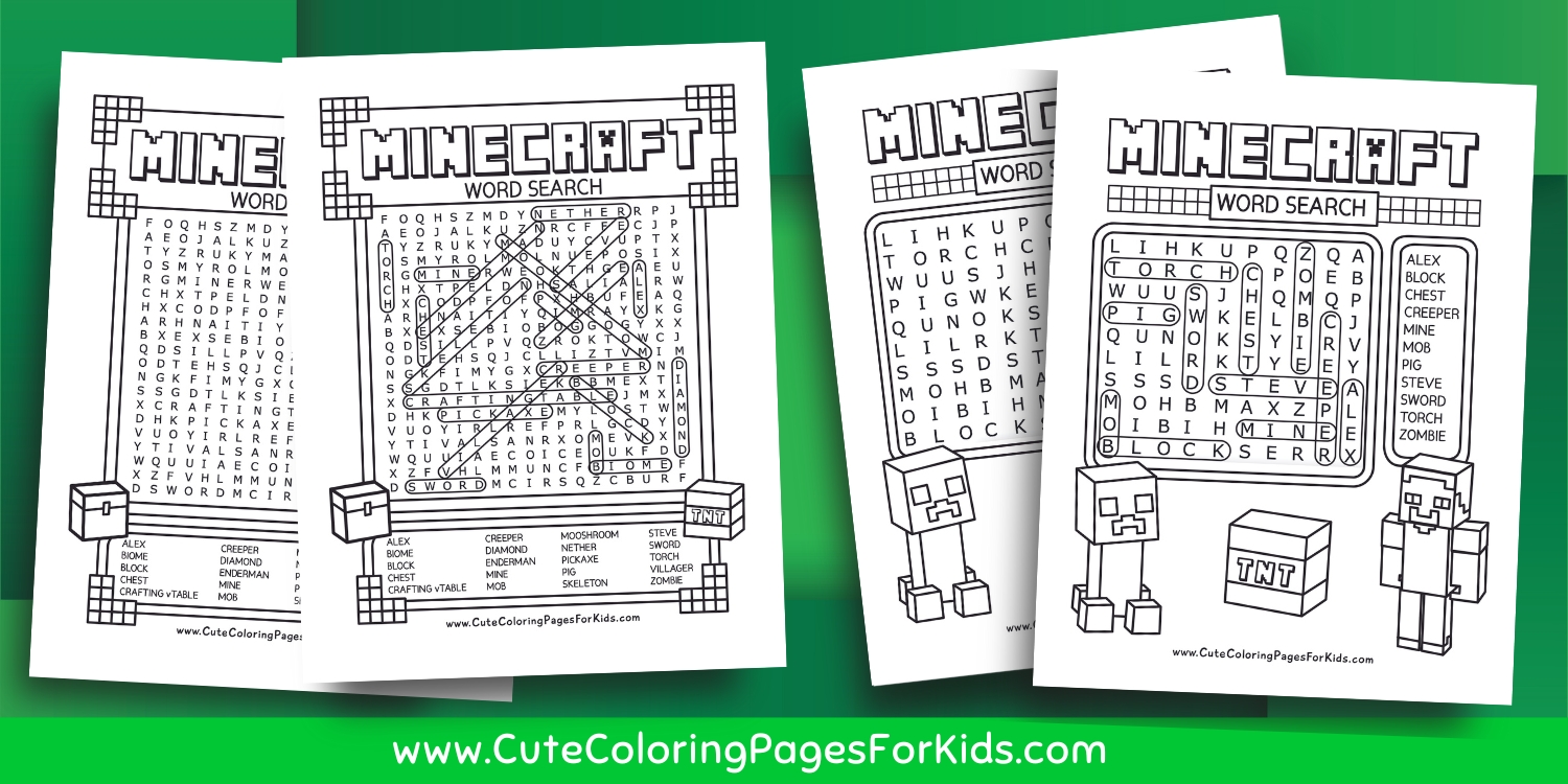 Four pages of Minecraft word searches, showing examples of the answer sheets, on a green background. 