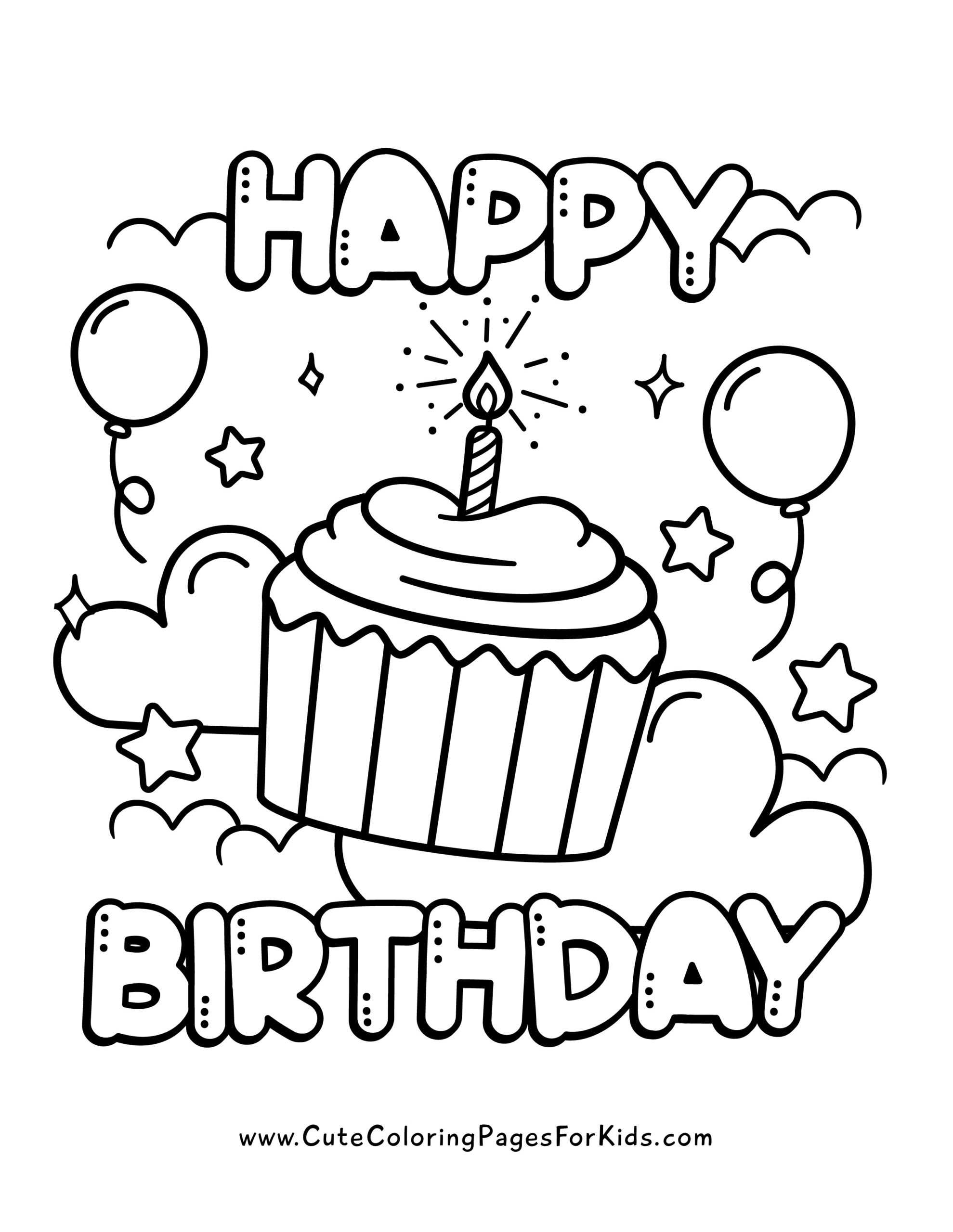 happy birthday coloring page with cupcake, balloons, and a candle