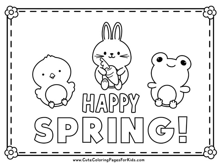 Happy Spring coloring sheet with cute chick, rabbit holding carrot, and cute frog.
