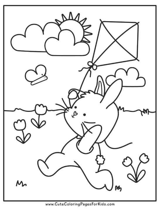 coloring page with image of a bunny flying a kite and looking at a butterfly