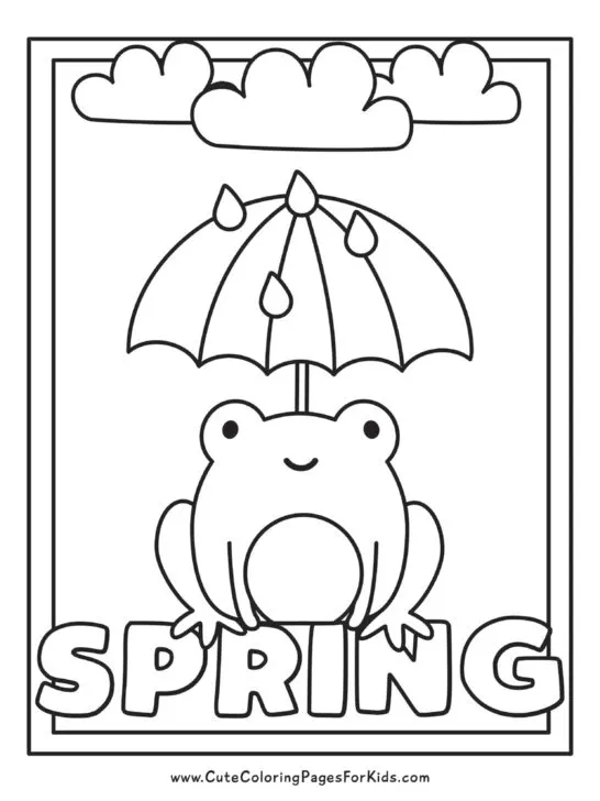 easy spring coloring page with frog holding an umbrella, rain clouds, and the word Spring