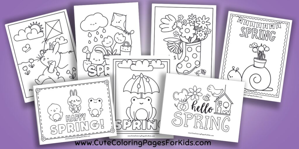 collection of seven spring-themed coloring sheets, drawn in a cute, cartoon style