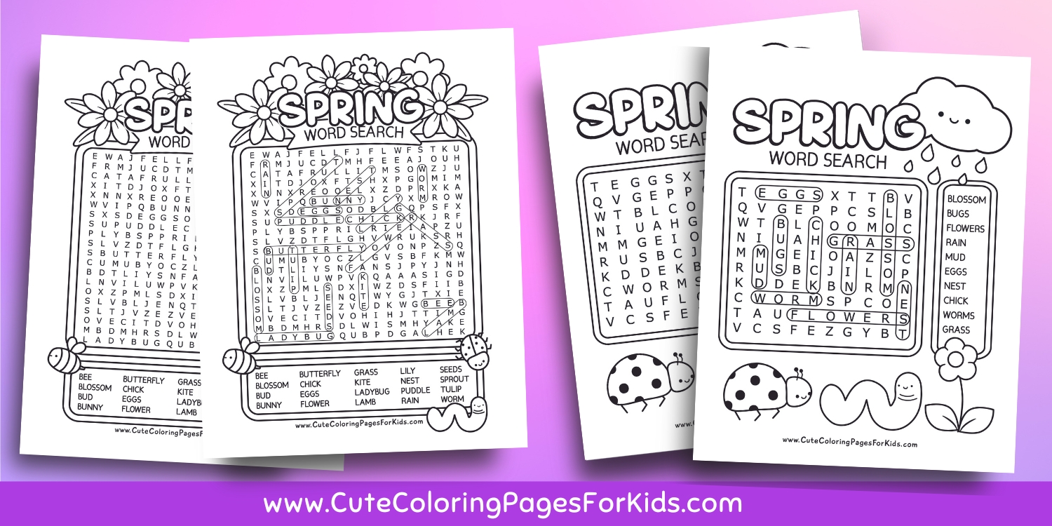 Spring day word search sheets with their answer sheets on a purple and pink background