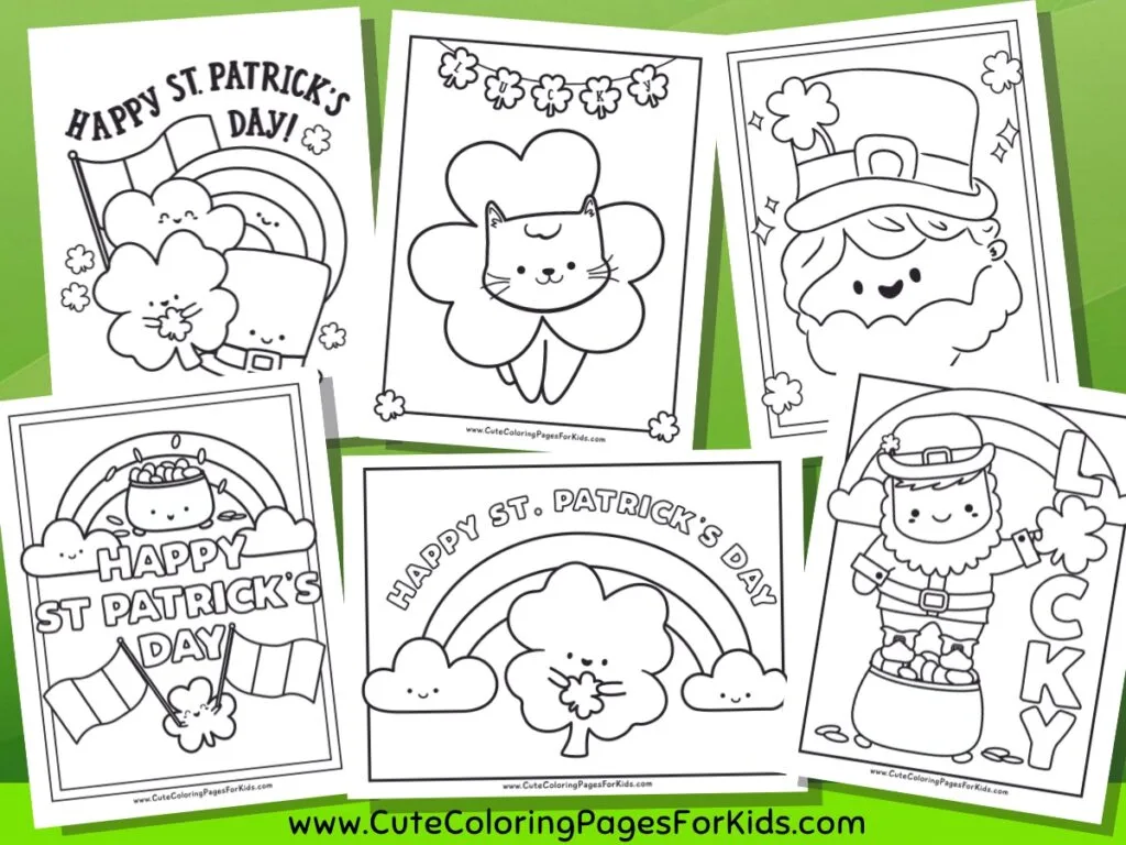 6 St. Patrick's Day themed coloring sheets with cute clovers, leprechauns, rainbows, and a kitty cat.