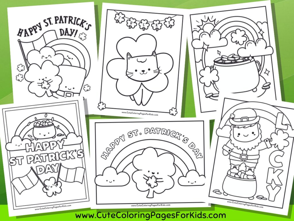 6 St. Patrick's Day themed coloring sheets with cute clovers, leprechauns, rainbows, and a kitty cat.
