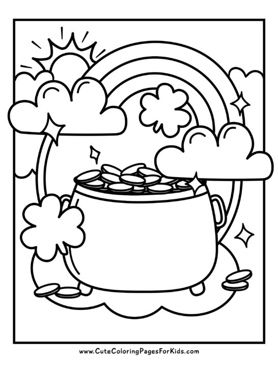 Coloring sheet with pot of gold, rainbow, and clovers for St. Patricks Day