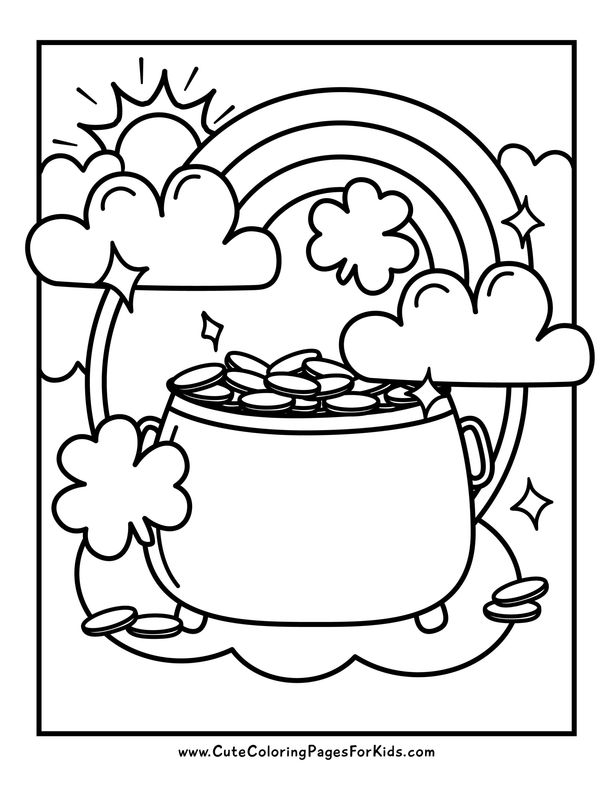 Coloring page with rainbow, golden pot and clover