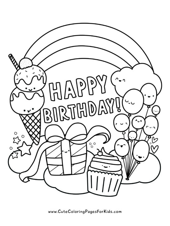 coloring sheet with the words happy birthday surrounded by cute kawaii birthday element characters like ice cream cone, present with bow, cupcake, and balloons, plus rainbow and cloud background