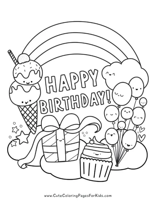coloring sheet with the words happy birthday surrounded by cute kawaii birthday element characters like ice cream cone, present with bow, cupcake, and balloons, plus rainbow and cloud background