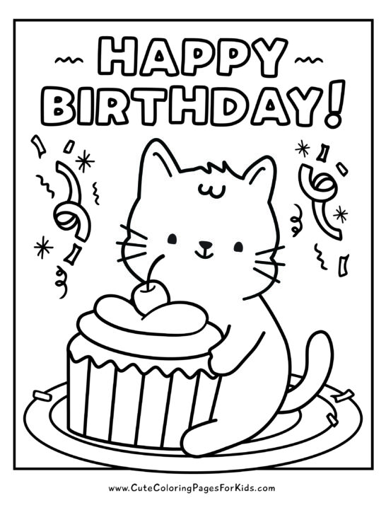 happy birthday kitten coloring page with cat holding a cupcake and confetti 