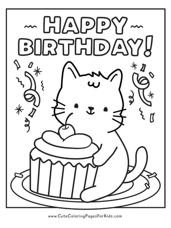 happy birthday kitten coloring page with cat holding a cupcake and confetti 