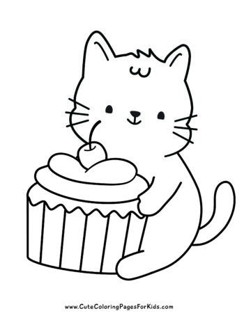 cute kitten coloring page with kitten hugging a cupcake