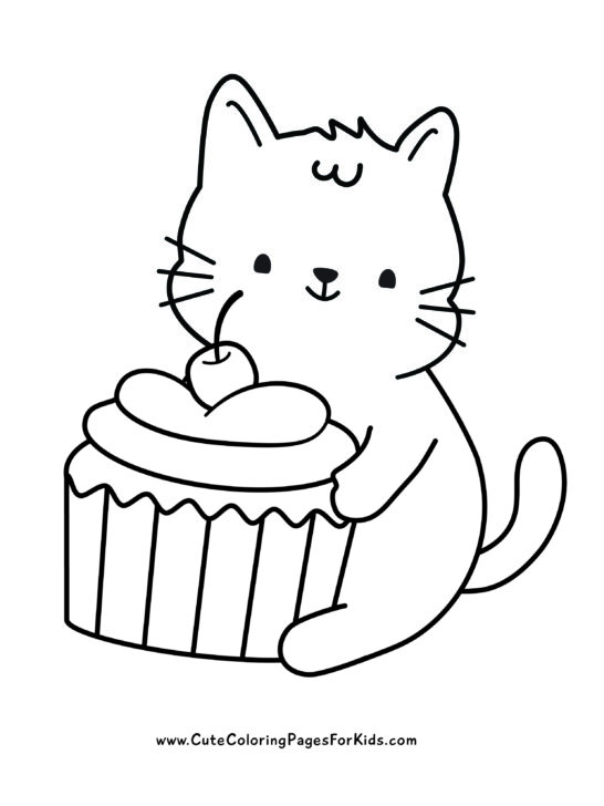 cute kitten coloring sheet with the kitten holding a cupcake.