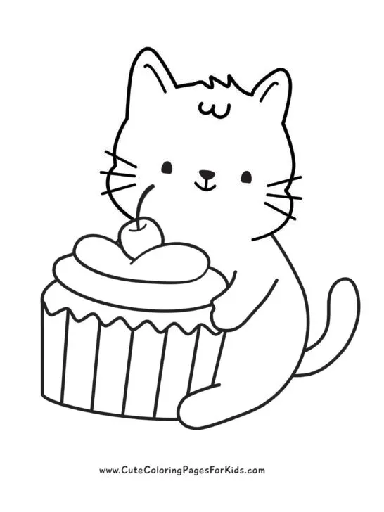 cute kitten coloring sheet with the kitten holding a cupcake.