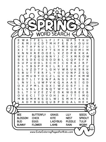 Spring word search full page with 20 words, and drawings of a bee, a ladybug, a worm, and flowers