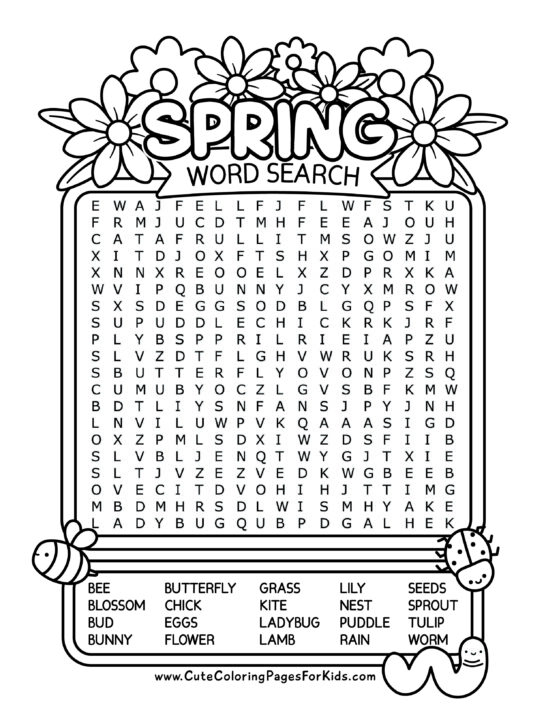 Spring word search full page with 20 words, and drawings of a bee, a ladybug, a worm, and flowers