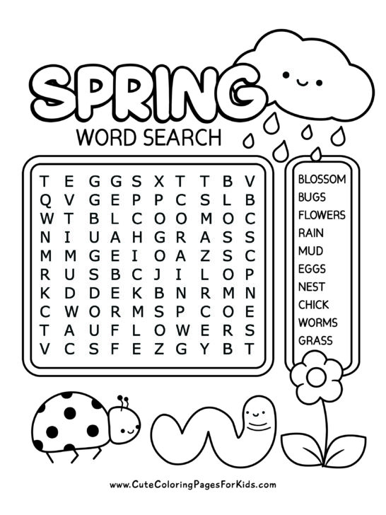 Spring word search puzzle in black and white with rain cloud, ladybug, worm, and flower cute illustrations decorating the page