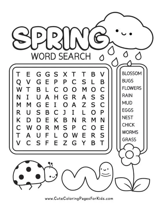 Spring word search puzzle in black and white with rain cloud, ladybug, worm, and flower cute illustrations decorating the page