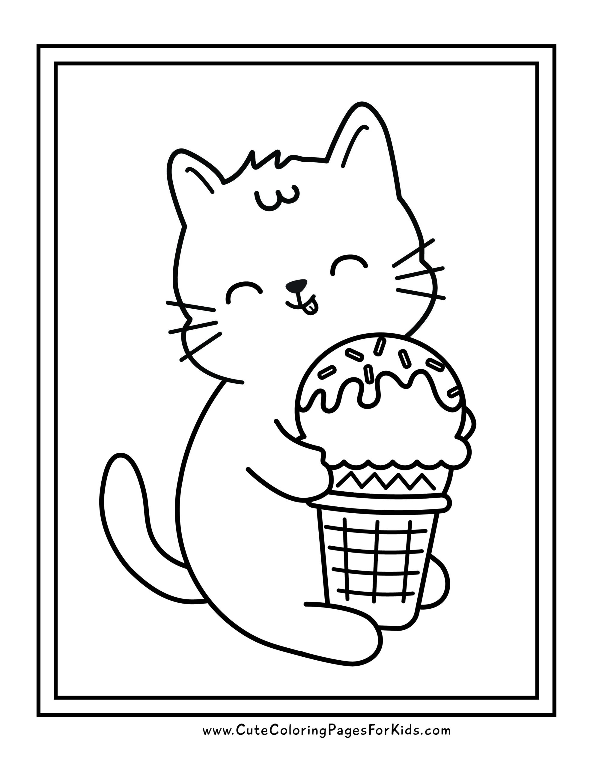 coloring page with cat licking an ice cream cone
