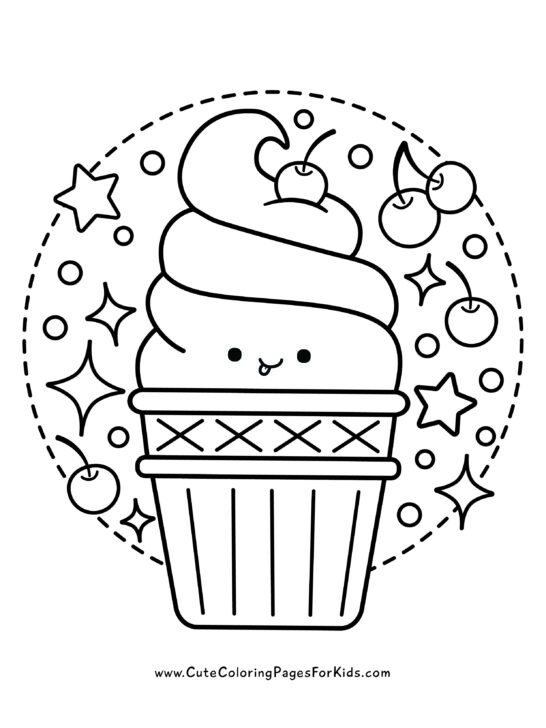 soft serve ice cream cone coloring sheet with swirls and a cherry on top, plus embellishments of cherries, stars, and circles