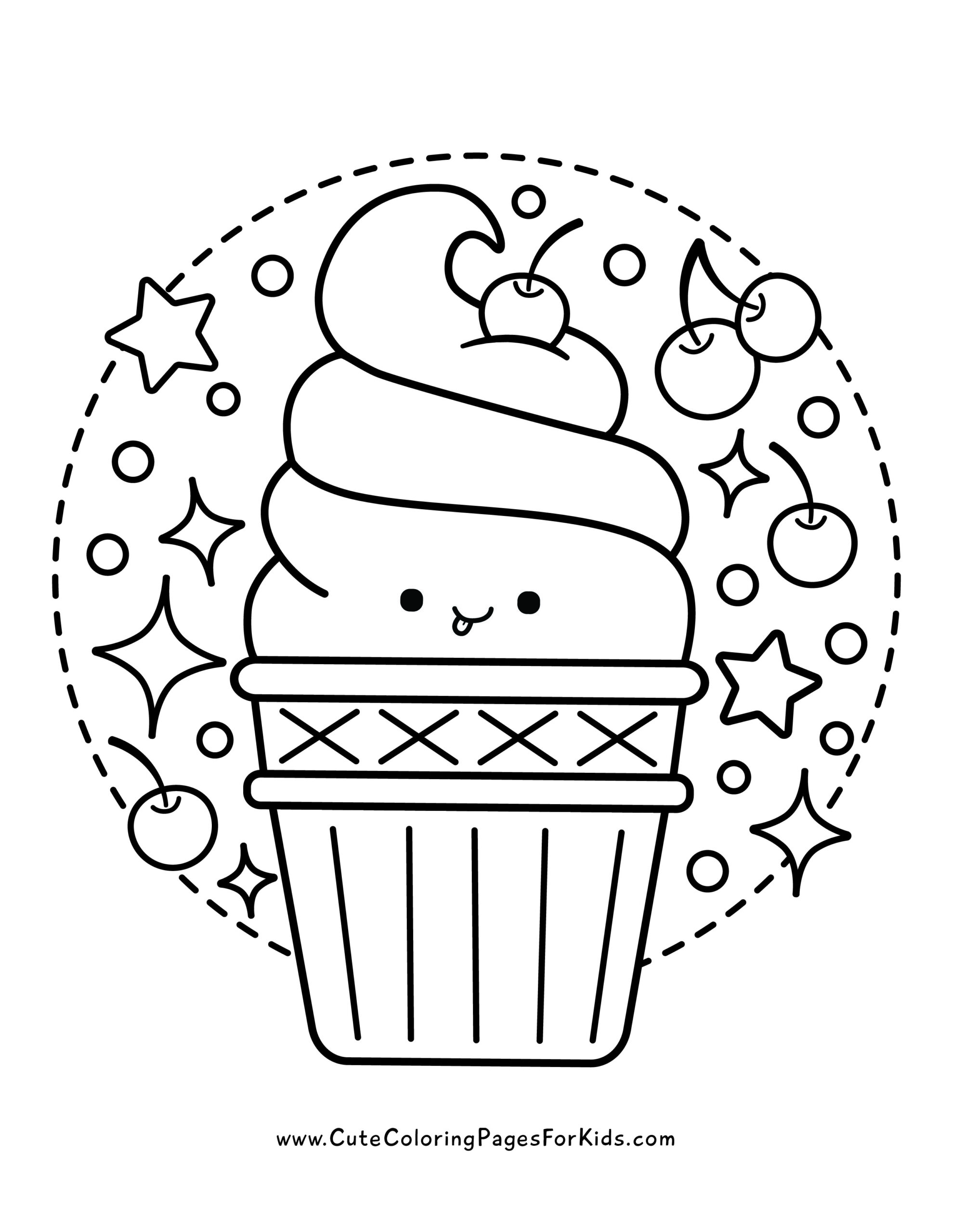soft serve ice cream cone coloring sheet with swirls and a cherry on top, plus embellishments of cherries, stars, and circles
