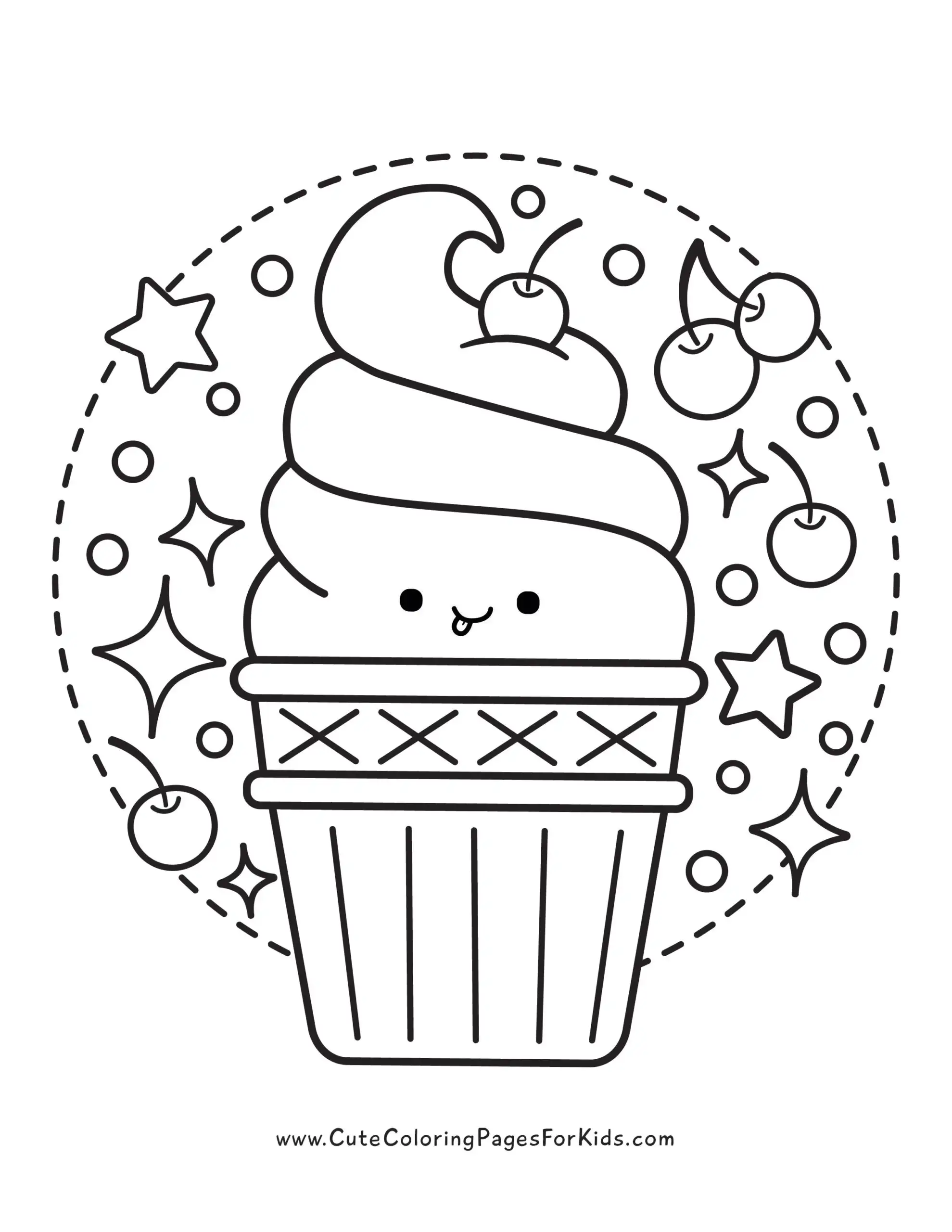 soft serve ice cream cone coloring sheet with swirls and a cherry on top, plus embellishments of cherries, stars, and circles
