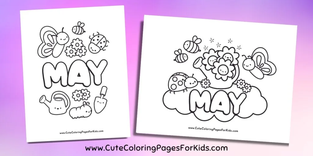 Two May coloring sheets on a purple and pink gradient background