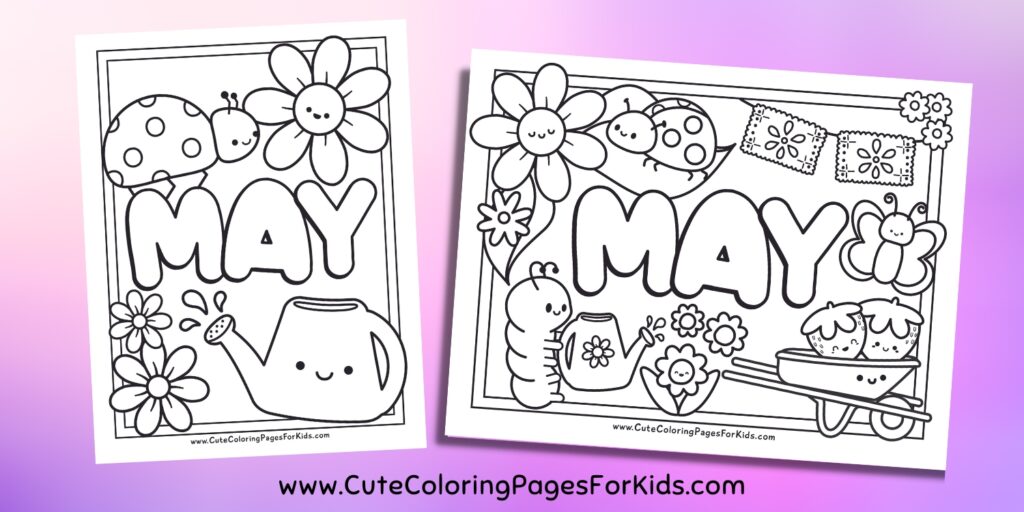 Two cute May themed coloring sheets with flowers and bugs on a purple background