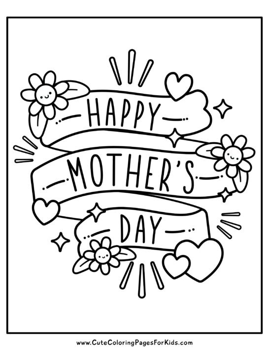 Happy Mother's Day banner coloring sheet with flowers and hearts