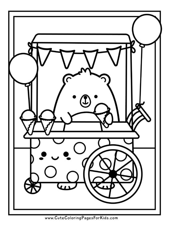 coloring sheet of a bear serving ice cream cones behind an ice cream cart
