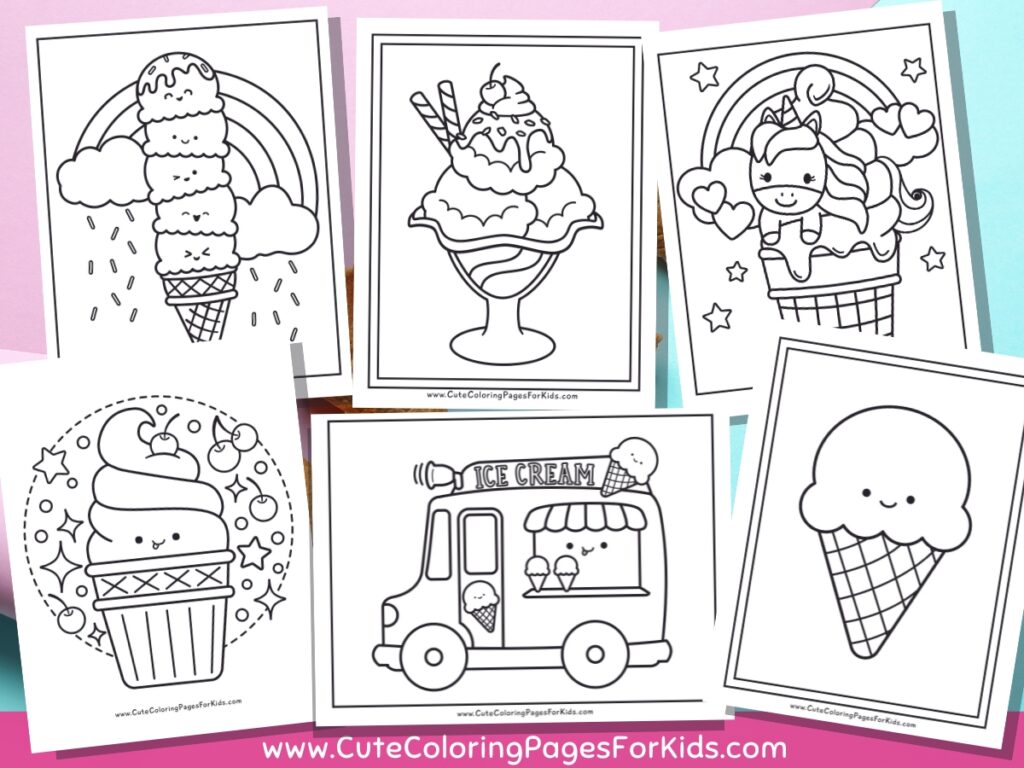 six coloring sheets featuring Ice Cream cones on a blue and purple background
