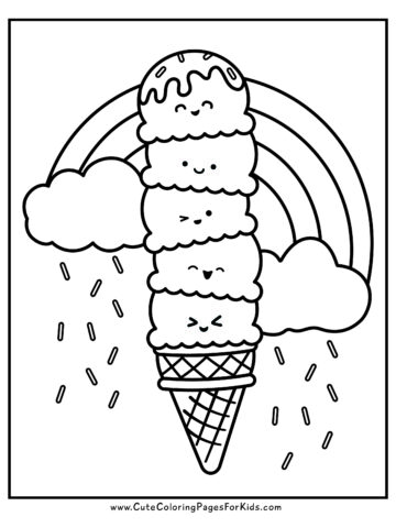 ice cream coloring page with ice cream cone that has five scoops of ice cream and a rainbow with sprinkles