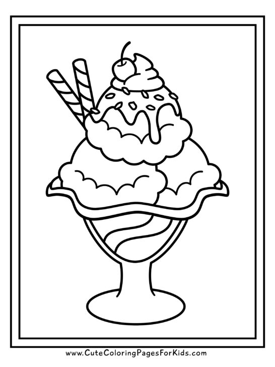 ice cream sundae coloring page with three scoops, hot fudge, icing, and a cherry on top
