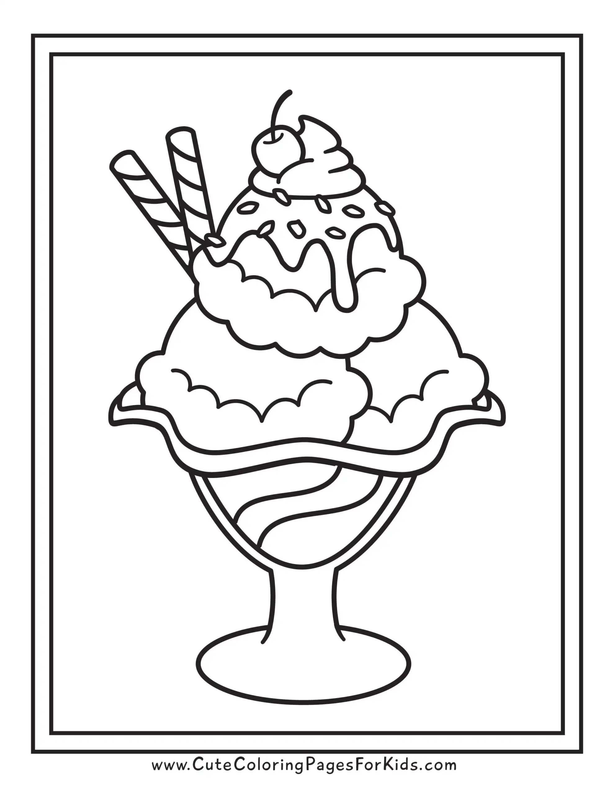 ice cream sundae coloring page with three scoops of ice cream in a bowl, drippy sauce, nuts, and cherry on top