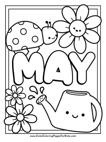 easy May coloring page with a ladybug, flowers, and a cute, smiling watering can with water splashes