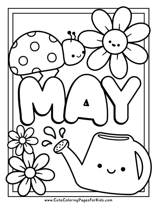 easy May coloring page for kids with a ladybug, a happy flower, a smiling watering can, and more flowers