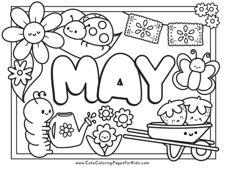 May coloring sheet with cute bugs, berries, flowers, papel picado, and more May themed elements