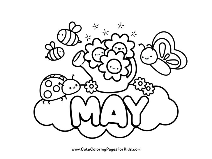 cute May coloring page with a butterfly, a watering can with flowers, two bees, and a happy ladybug, with the word MAY