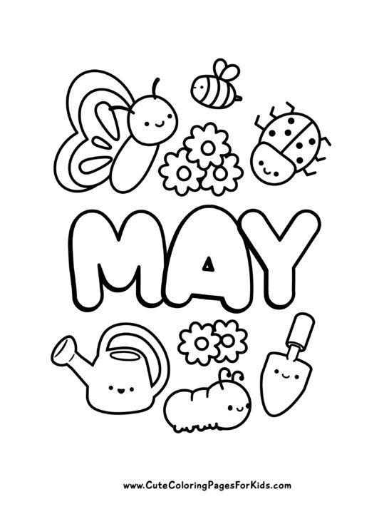 May coloring sheet with cute bugs and flower elements
