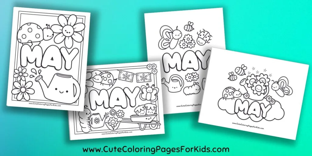 four coloring sheets for the month of May on a green background