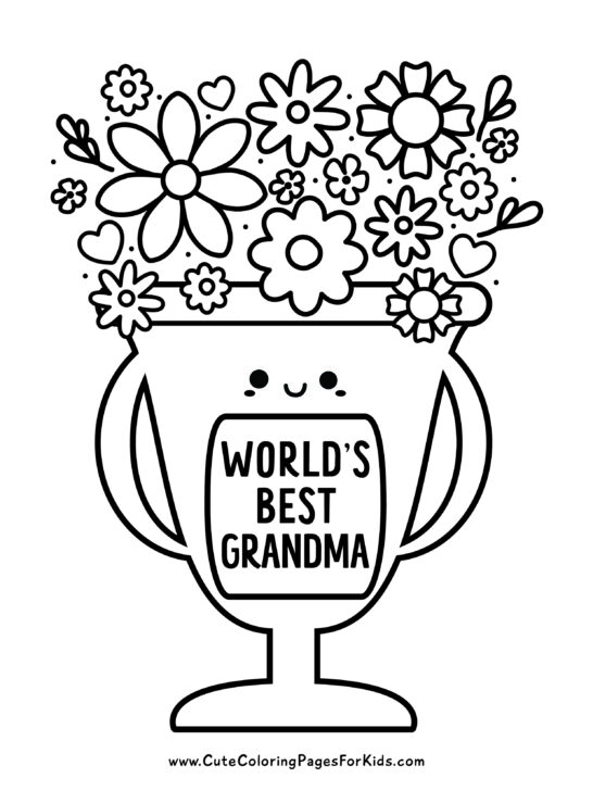 Worlds Best Grandma trophy coloring page with flowers