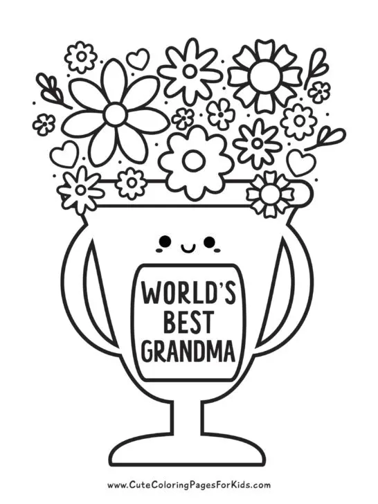 Worlds Best Grandma trophy coloring page with flowers