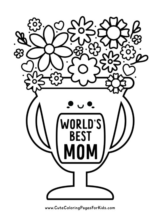 Worlds Best Mom trophy coloring page with flowers