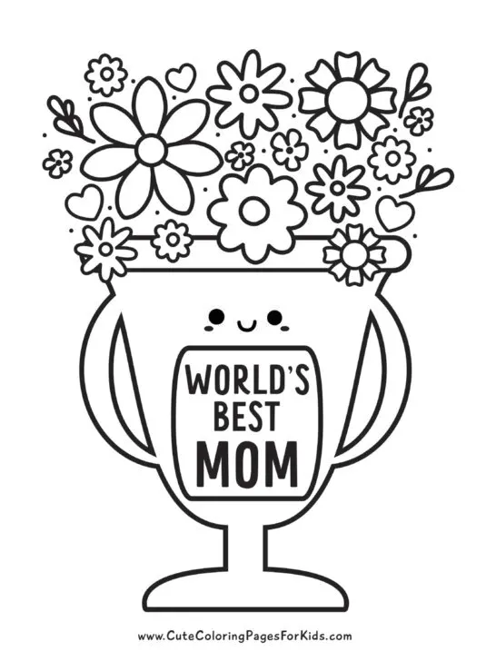 Worlds Best Mom trophy coloring page with flowers