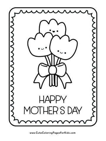 easy Happy Mother's Day coloring page for kids with a picture of a bouquet of three cute tulips wrapped in a bow