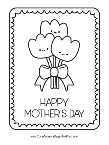 easy Happy Mother's Day coloring page for kids with a picture of a bouquet of three cute tulips wrapped in a bow