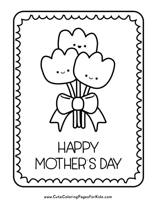 easy Happy Mother's Day coloring page for kids with a picture of a bouquet of three cute tulips wrapped in a bow