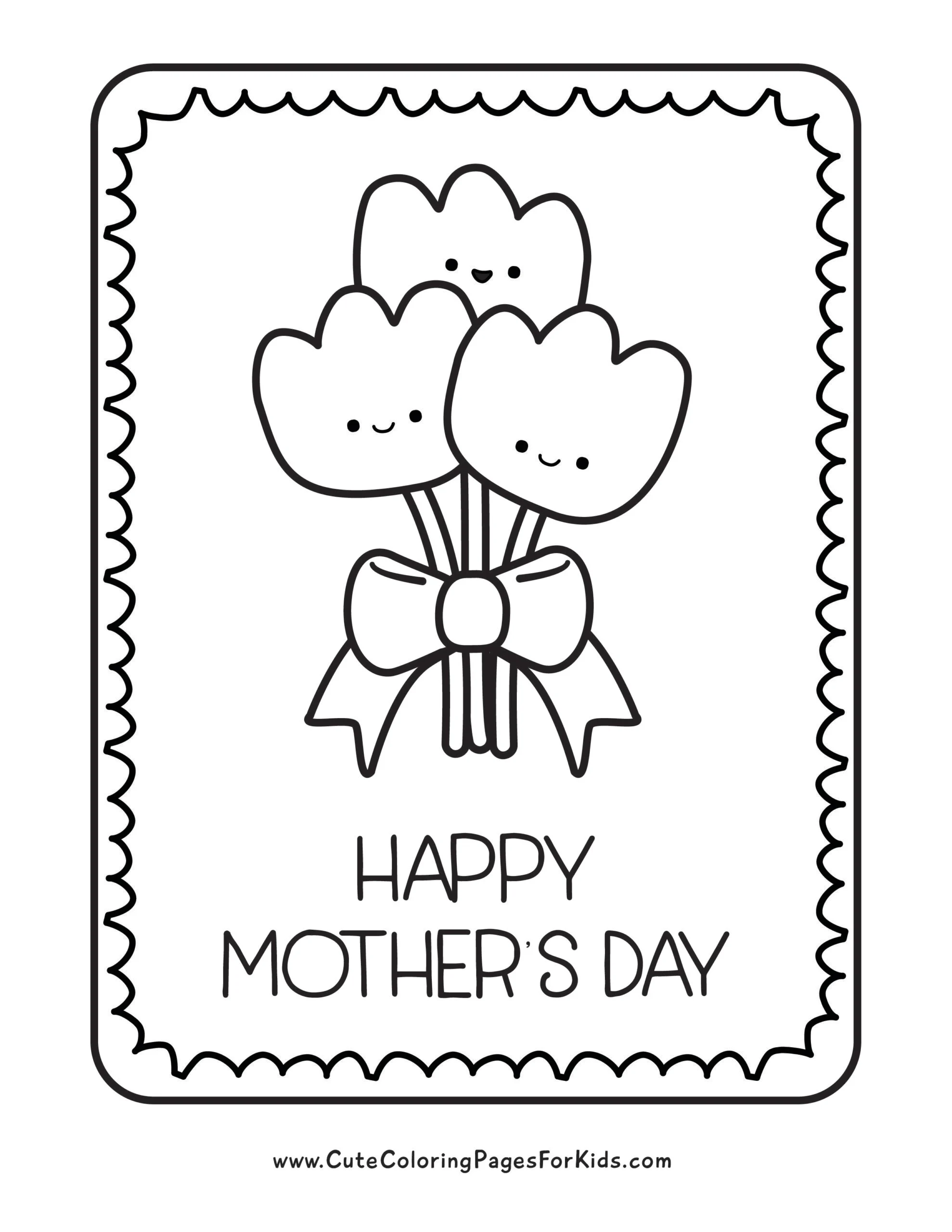 easy Happy Mother's Day coloring page for kids with a picture of a bouquet of three cute tulips wrapped in a bow