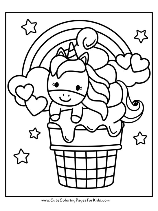 coloring page of a unicorn ice cream cone with rainbow and hearts and stars