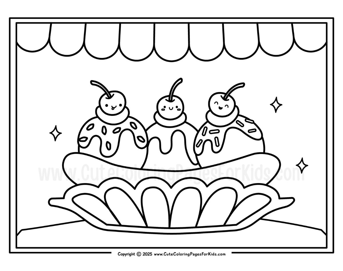 banana split coloring page in black in white line drawing with simple shapes for easy coloring